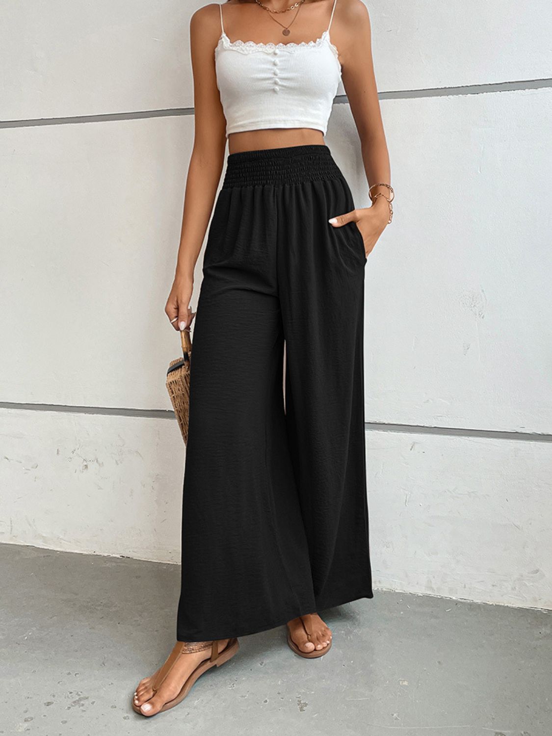 Black textured smocked waist palazzo maternity trousers with pockets
