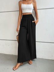 Black textured smocked waist palazzo maternity trousers with pockets