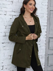 Army green hooded drawstring casual jacket with zip and button closure, and pockets.