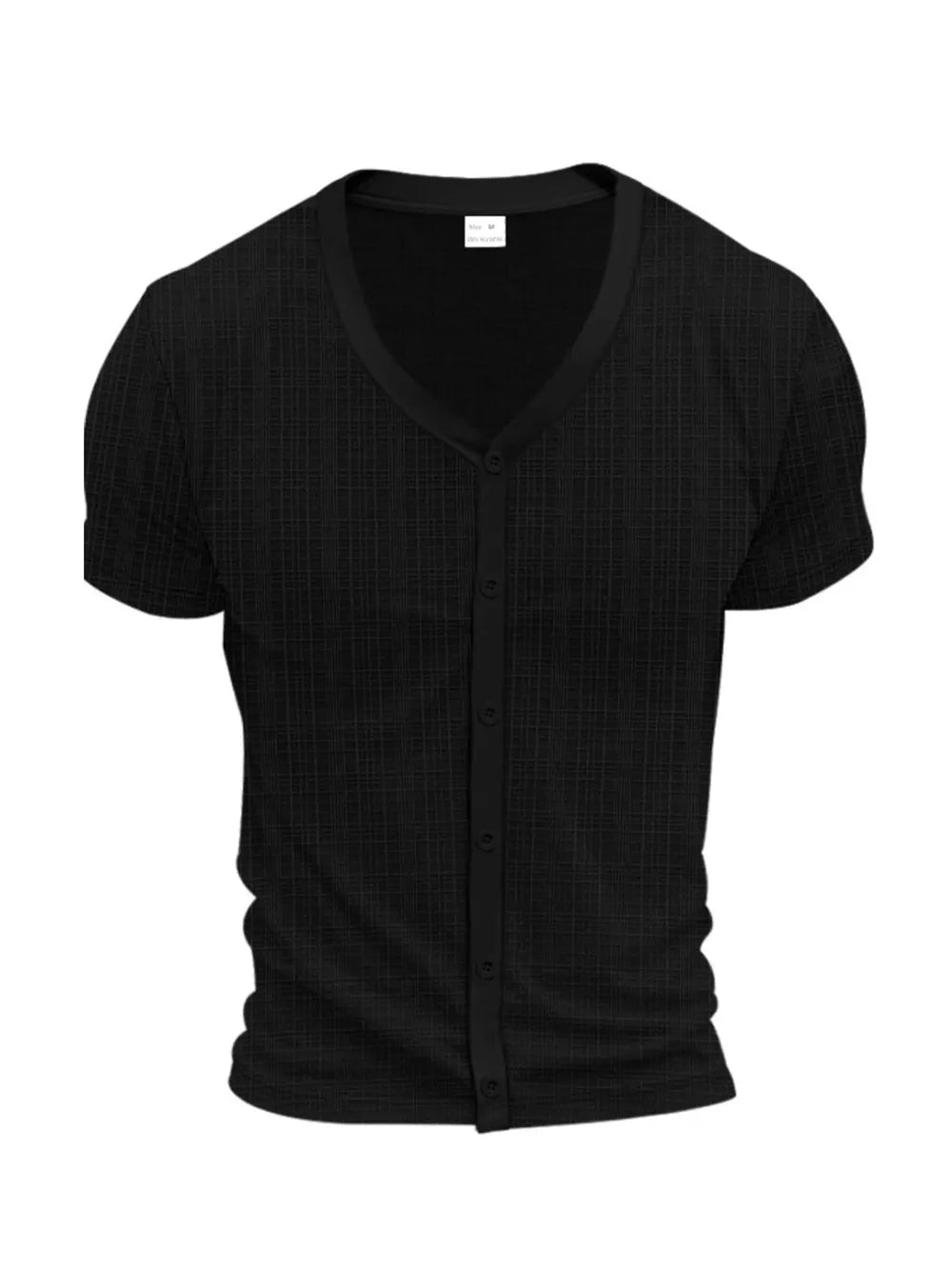 Black V-neck button-down undershirt with subtle grid pattern and short sleeves.