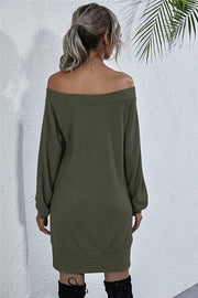 Army green waffle knit off-shoulder mini dress with long sleeves.