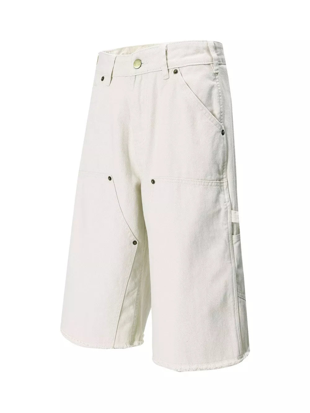 Relaxed fit utility capris in apricot with cargo pockets and frayed hem.
