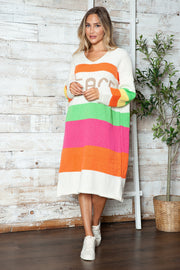 Beige midi sweater dress with rainbow stripes and "PEACE" lettering