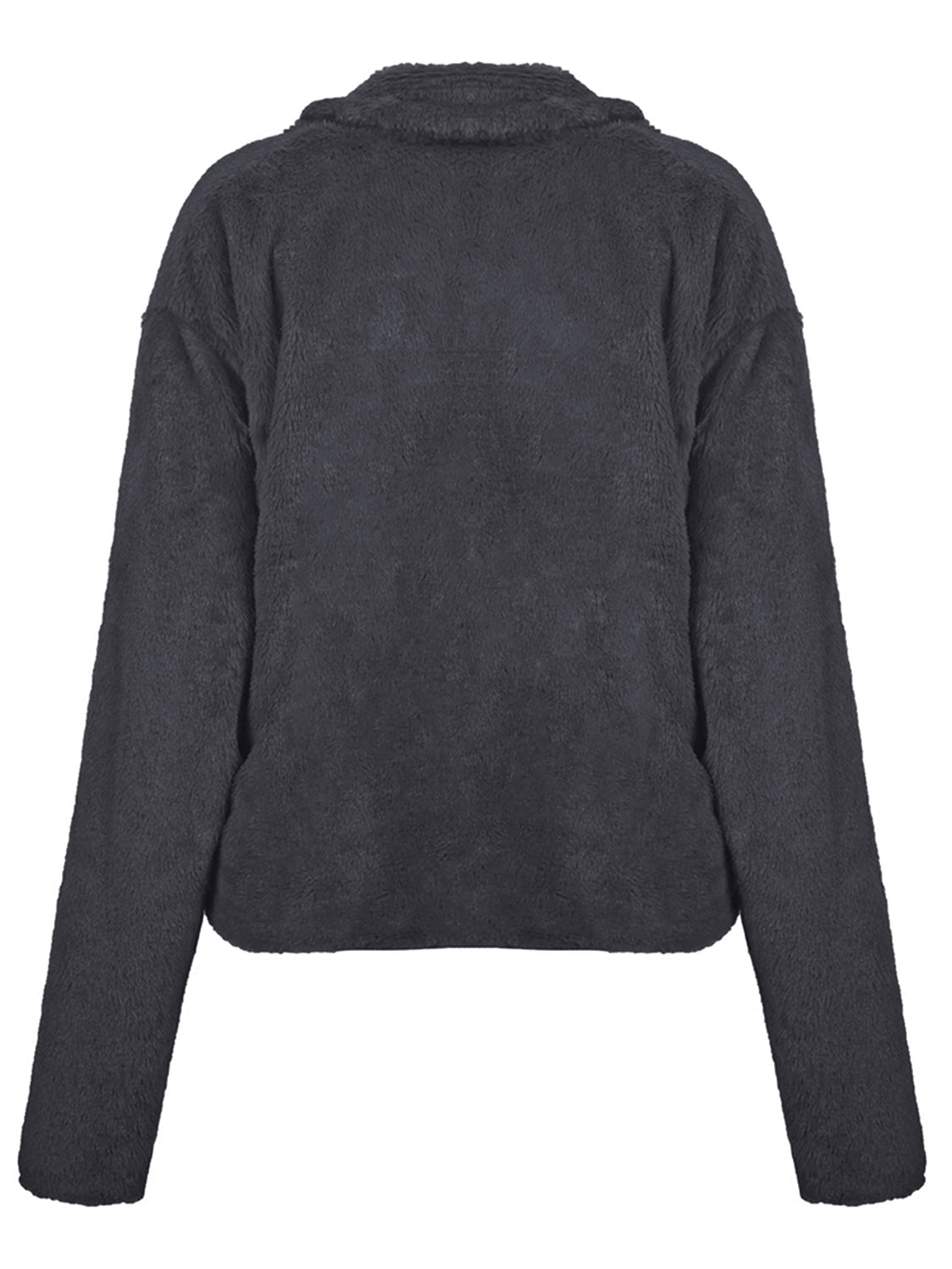 Dark gray faux fur biker jacket with a plush texture and relaxed fit.
