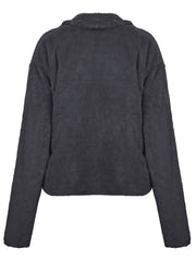 Dark gray faux fur biker jacket with a plush texture and relaxed fit.