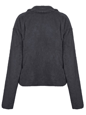 Dark gray faux fur biker jacket with a plush texture and relaxed fit.