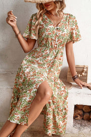 Flutter sleeve floral midi dress with a V-neck and button front, featuring a high slit.