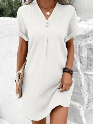 Full Size Casual V-neck Short Sleeve Dress in Silver, front view