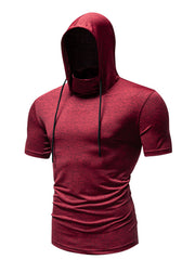 Men's burgundy short sleeve hooded t-shirt with cowl neck and drawstring