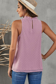 Textured halter neck tank top in dusty pink with ruffled collar and button back detail.