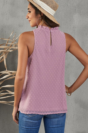 Textured halter neck tank top in dusty pink with ruffled collar and button back detail.