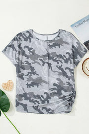 Grey camo print t-shirt with crew neck, short sleeves, and ruched side detail.
