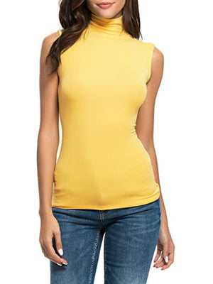 Yellow sleeveless turtleneck t-shirt with a fitted silhouette.