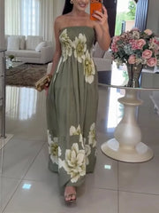 Botanical smocked maxi dress with ruched bodice in olive green with large floral print.
