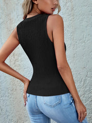 Black textured sleeveless crewneck top with a ribbed pattern.