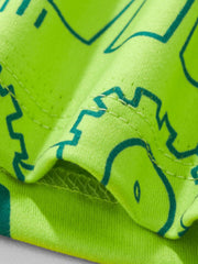 Neon green toddler t-shirt with teal construction vehicle outlines and crew neck.