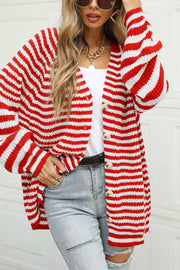 Bold stripe balloon sleeve cardigan in deep red and white acrylic, buttoned front, casual style.