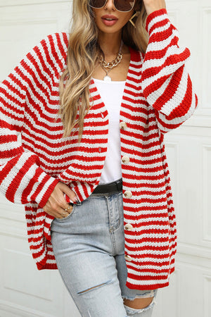 Bold stripe balloon sleeve cardigan in deep red and white acrylic, buttoned front, casual style.