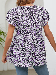 Babydoll blouse with flutter sleeves and purple leopard print.