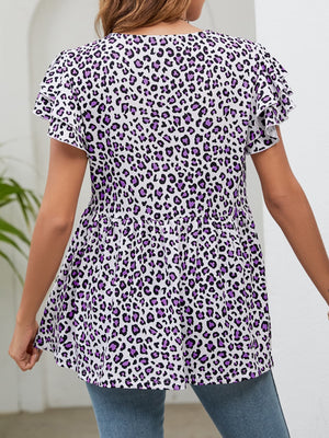 Babydoll blouse with flutter sleeves and purple leopard print.