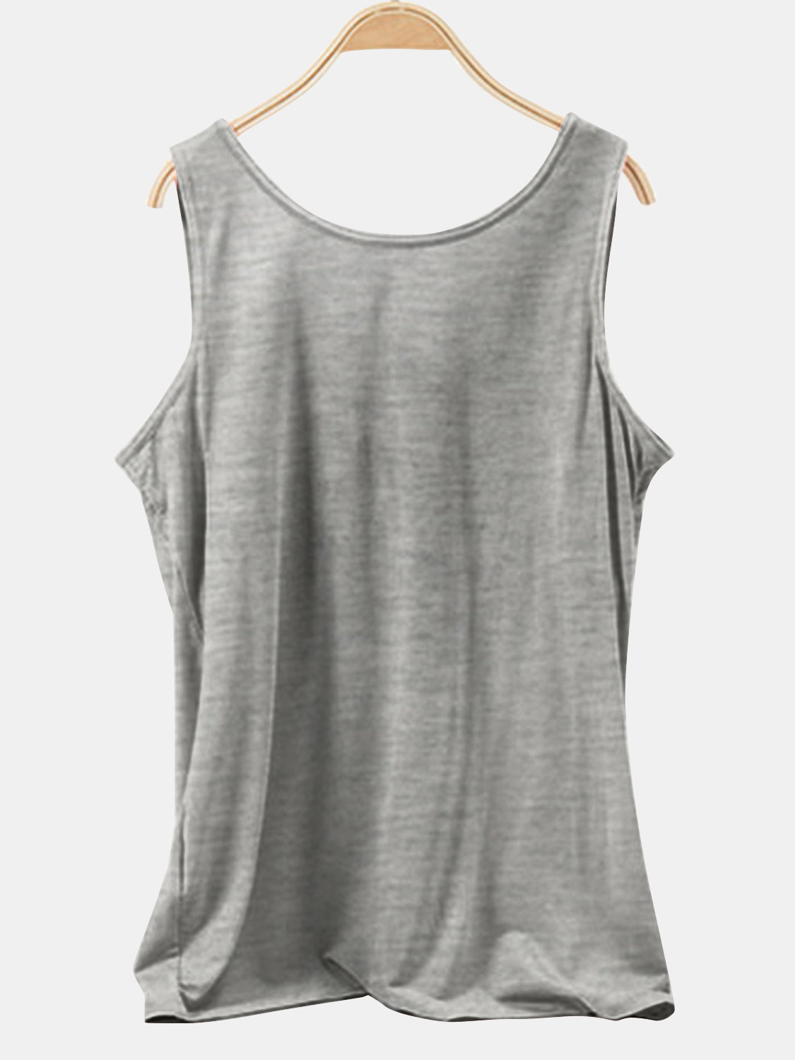 Gray scoop neck tank top with a relaxed fit.