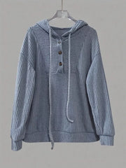 Dusty blue ribbed button-front hoodie with drawstring and two buttons at neckline.