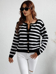 Black and white striped knit cardigan with button front and pockets