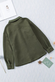 Army green quilted overshirt with button-down front and patch pockets.