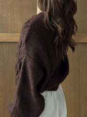 Brown cable-knit cardigan with textured sleeves and a relaxed fit.