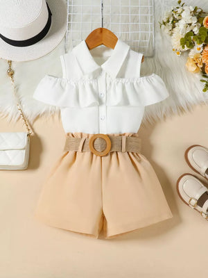 Toddler ruffled cold-shoulder top with belted shorts set in beige.