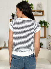 Sleeveless knit tank top with navy and white stripes, crew neck, acrylic knit.