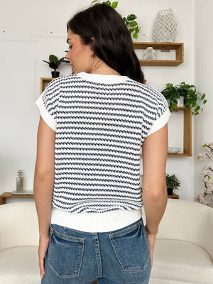 Sleeveless knit tank top with navy and white stripes, crew neck, acrylic knit.