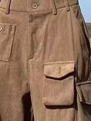Camel ribbed cotton cargo joggers with spacious button-flap pockets.