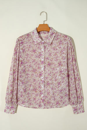 Dusty pink floral print relaxed fit blouse with sequin detail and button-down front.