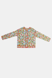 Floral quilted jacket with contrast piping and round neckline.