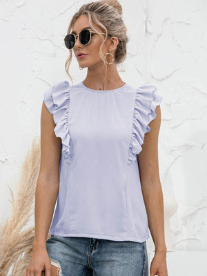 Light blue sleeveless blouse with ruffled yoke and cap sleeves.