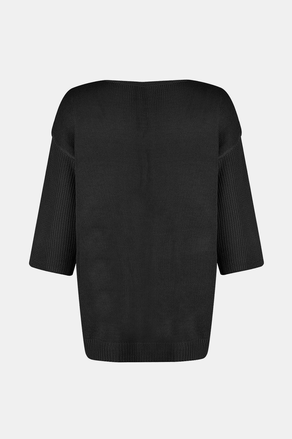 Black V-neck knit sweater with flared 3/4 sleeves and ribbed cuffs.