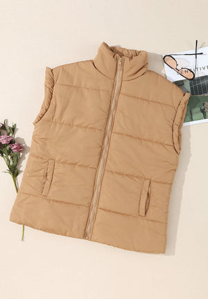 Tan padded sleeveless hooded vest with zip front and two front pockets.