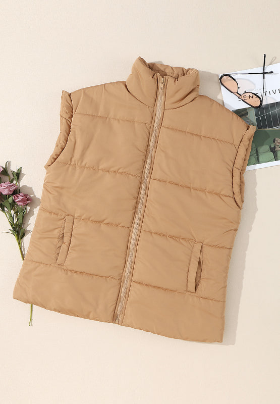 Tan padded sleeveless hooded vest with zip front and two front pockets.