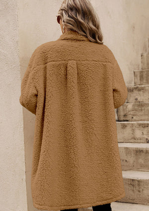 Sherpa coat in beige with a collared neckline and button-down front, shown from the back.