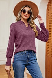 Buttoned Paradise Lantern Blouse in Lilac with a collared neckline and balloon sleeves.