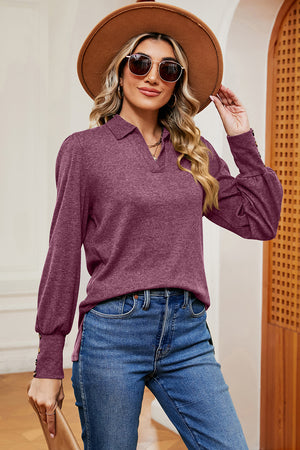 Buttoned Paradise Lantern Blouse in Lilac with a collared neckline and balloon sleeves.