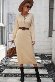 Beige textured knit henley midi dress with button detail and long sleeves.
