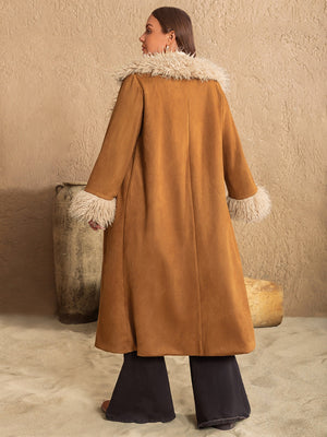 Caramel duster coat with faux fur trim on collar and cuffs, long sleeves, open front.