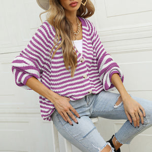 Heliotrope purple and white stripe knit cardigan with button front and balloon sleeves