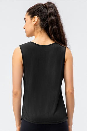 Black performance tank top with a scoop neck and strappy back detail.