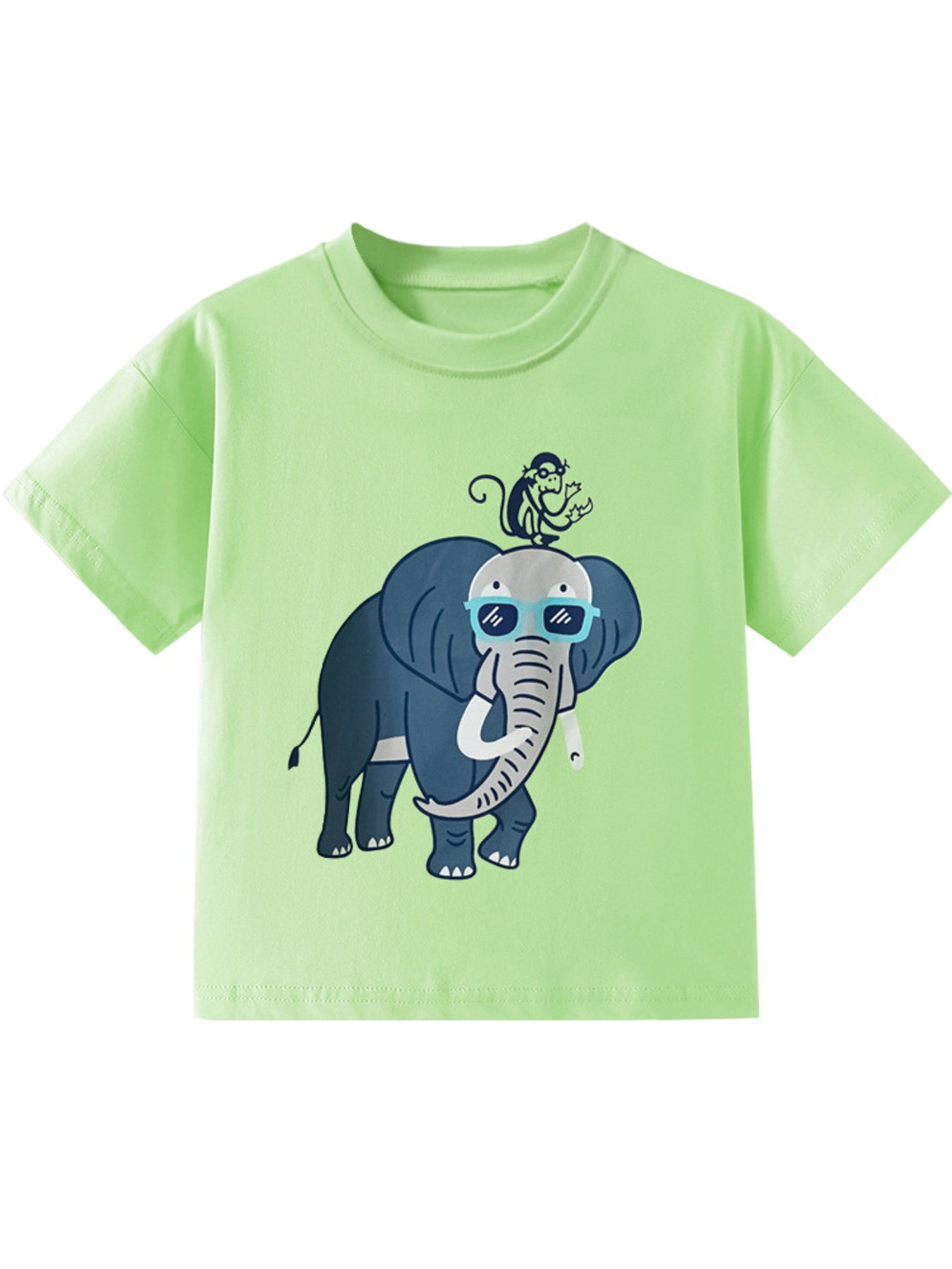 Light green t-shirt with a cool elephant and monkey graphic, crew neck, short sleeves.