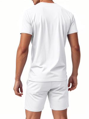 White v-neck tee and shorts set for men, comfortable loungewear with drawstring shorts.