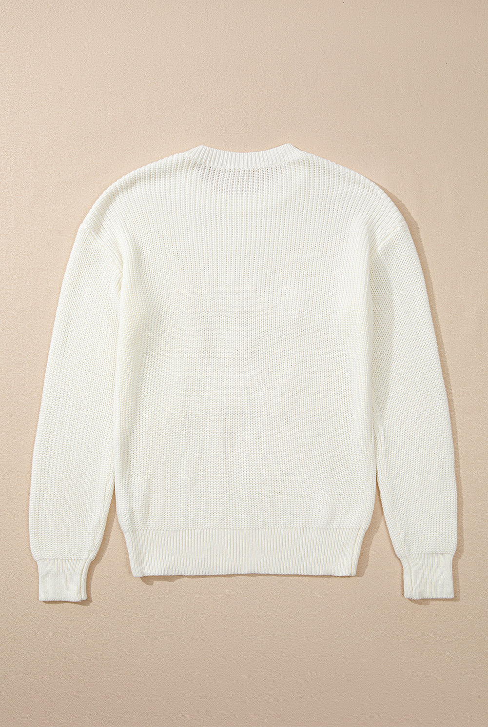 Ivory acrylic knit sweater with ribbed texture and crew neck.