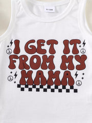 White graphic tank top with brown retro text and peace signs.